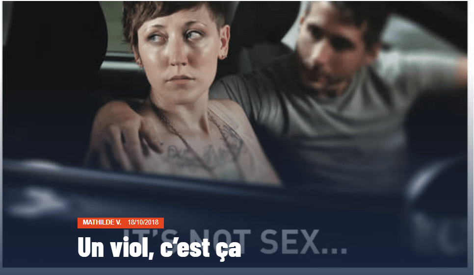 Capture d'écran de l'article "Un viol, c'est ça". L'image d'illustration est l'affiche d'une campagne de prévention des violences sexuelles. Un homme tient une femme au regard fuyant par l'épaule. Il est écrit "It's not sex..."