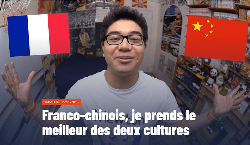 Miniature d'une vidéo du youtubeur Kevin Tran ou Le rire jaune. Face à la caméra, il porte des lunettes et un T-shirt blanc. À sa gauche, un drapeau français, à sa droite, un drapeau chinois.