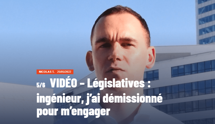 Capture d'écran de la vidéo suivante, celle de Nicolas : "Législatives : ingénieur, j'ai démissionné pour m'engager".