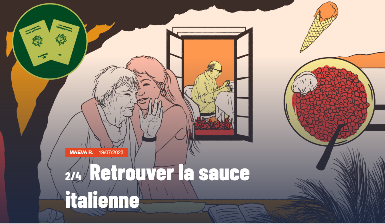 Capture d'écran du deuxième article de la série : "Retrouver la sauce italienne". Il est illustré par un dessin représentant une jeune fille enlaçant sa grand-mère, pendant que son grand-père est à table, dehors.