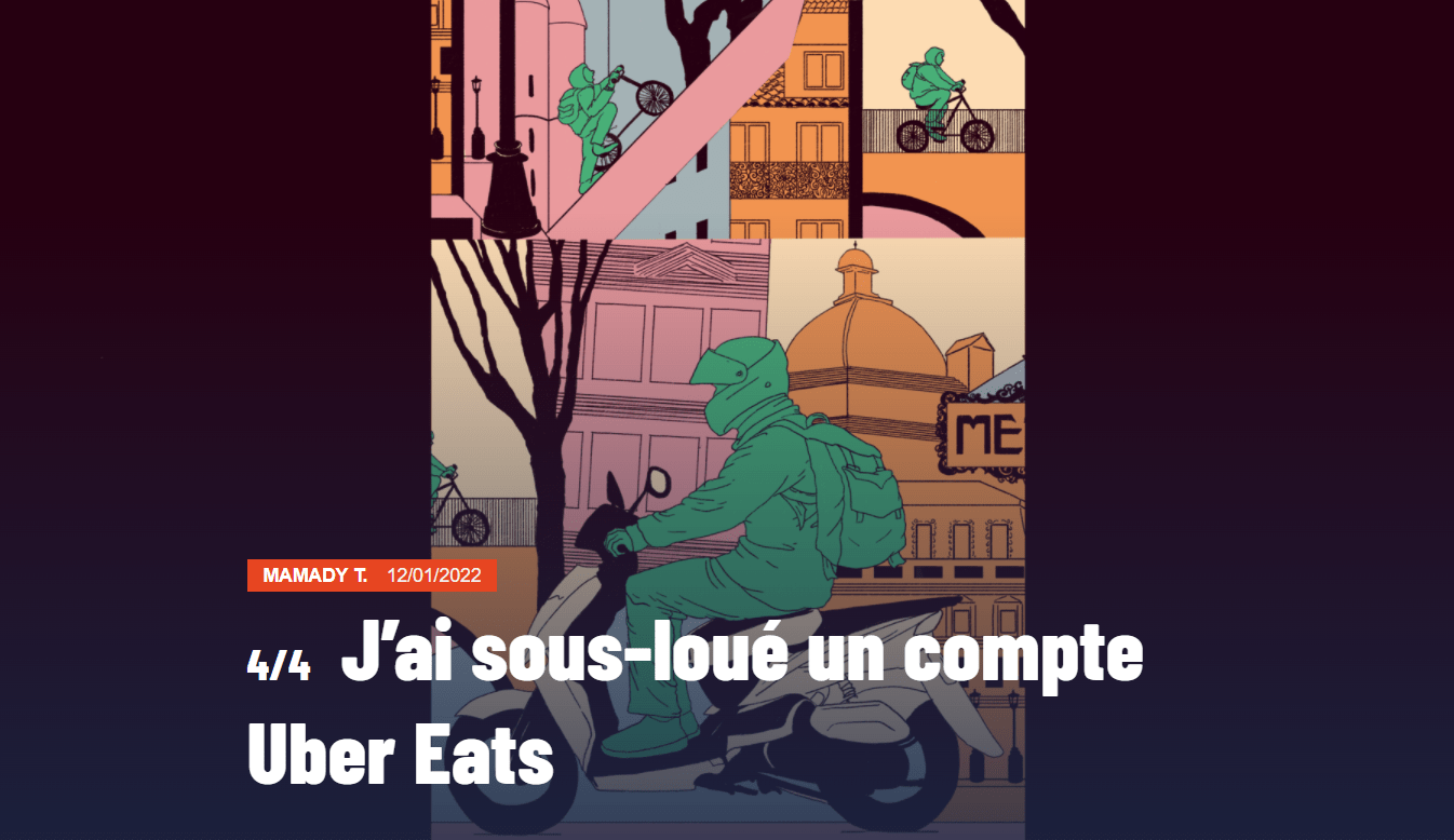 Capture d'écran de l'illustration « J'ai sous-loué un compte Uber Eats ». En haut de l'image, deux vignettes montre une personne traverser la ville à vélo. Sur la vignette en dessous, une personne est de profil sur un scooter.