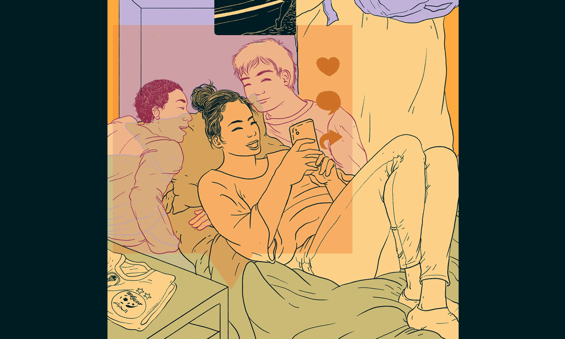 Illustration d'une jeune entourée de deux garçons. Elle est sur son lit, regarde son téléphone, souriante.