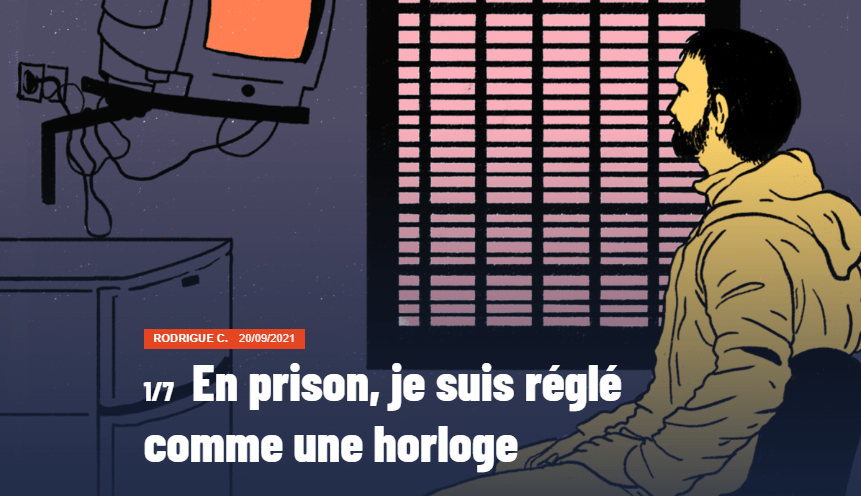 Miniature de l'illustration dessinée de l'article "En prison, je suis réglé comme une horloge". Un détenu dans sa cellule regarde la télévision suspendue au mur face à lui.