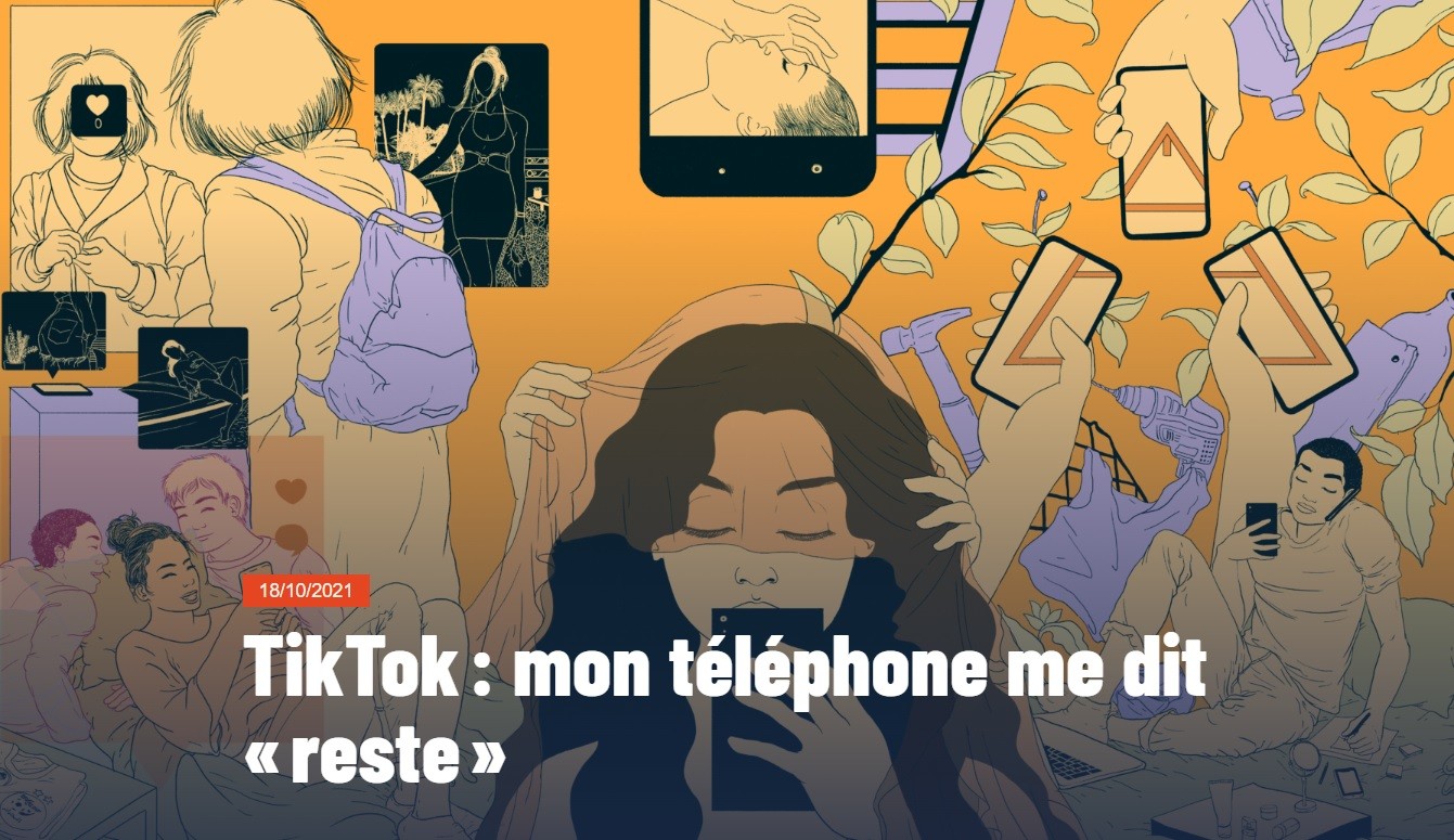 Capture d'écran de la page série "TikTok : mon téléphone me dit "reste" ", illustré par un dessin représentant une jeune fille de face, les yeux rivés sur son téléphone. En fond, plusieurs vignettes représentant des scènes de jeunes sur leur téléphone.