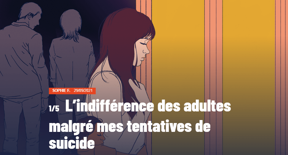 Miniature de l'article : "L'indifférence des adultes malgré mes tentatives de suicide". Un dessin d'illustration présente une jeune femme de profil, les yeux fermés face à une fenêtre. Une petite fille la tient par la taille. 