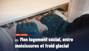 Visuel de l'article "Mon logement social, entre moisissures et froid glacial", publié le 12 avril 2022 sur le site de la ZEP. Photo de deux mains vêtues de moufles posées sur un radiateur. 