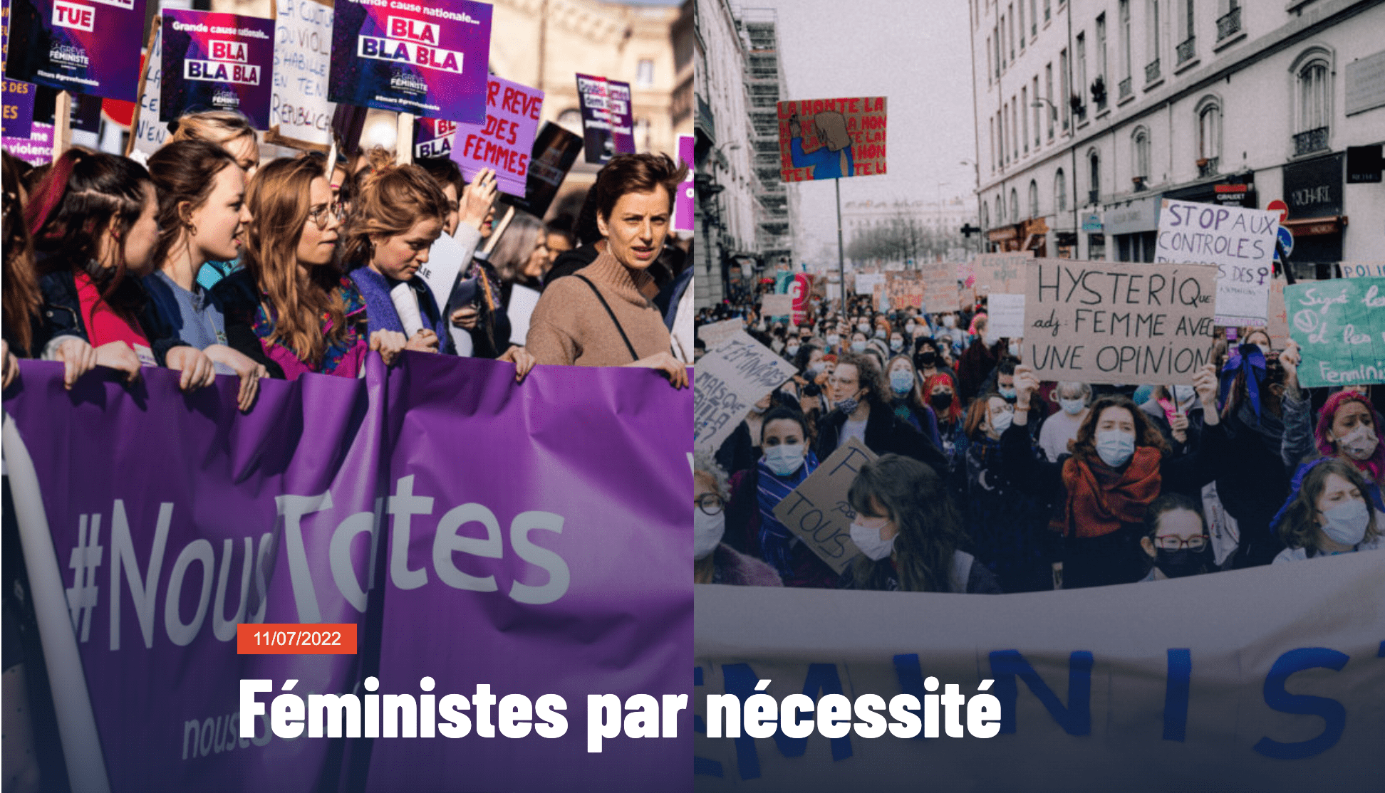 Capture d'écran de la miniature du Slash "Féministes par nécessité". À gauche, la photo d'une manifestation organisée par le collectif Nous Toutes. À droite, une photo prise lors d'une autre manifestation, la marche du 8 mars.