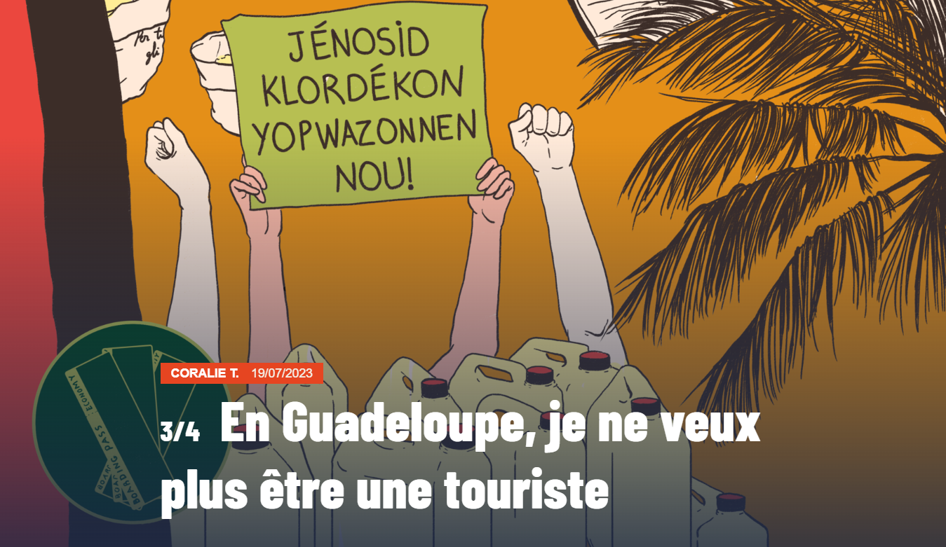 Capture d'écran du troisième épisode de la série : "En Guadeloupe, je ne veux plus être une touriste". Il est illustré par un dessin représentant une manifestation de manière symbolique.