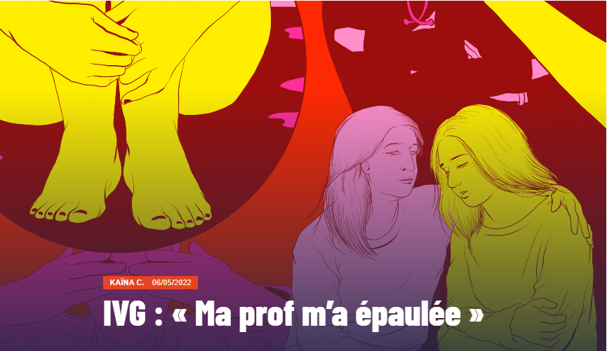 Capture d'écran de l'article : "IVG : Ma prof m'a épaulée". Il est illustré par un dessin représentant deux femmes. La première, à gauche, plus âgée, prend par l'épaule la deuxième, plus jeune.