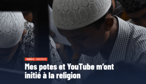 Capture d'écran de l'article "Mes potes et YouTube m'ont initié à la religion". Sur la photo, on voit deux garçons avec un kufi sur la tête. Ils penchent la tête en avant.