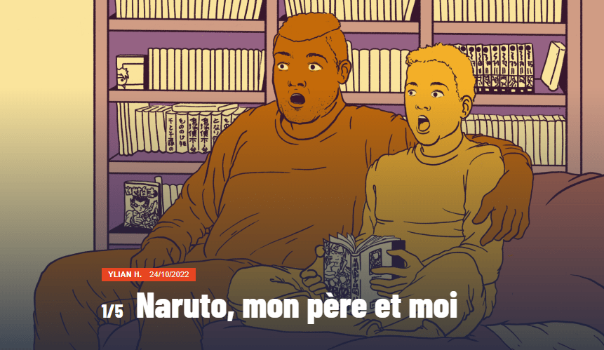 Capture d'écran de l'article "Naruto, mon père et moi", illustré par un dessin représentant un père et son fils assis sur un canapé, en train de regarder la télé. Derrière eux, une bibliothèque remplie de livres. Le fils tient un manga entre ses mains. Leurs visages montrent leur étonnement face à ce qu'ils sont en train de regarder.