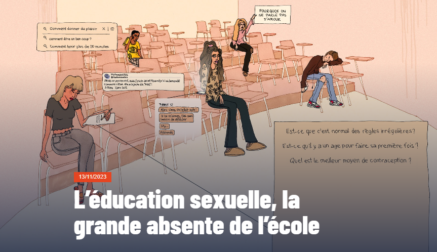 Capture d'écran de la série : "L'éducation sexuelle, la grande absente de l'école". Elle est illustré par un dessin, représentant une salle de classe, de couleur rose, avec cinq élèves s'interrogeant chacun à leur manière sur l'éducation sexuelle.