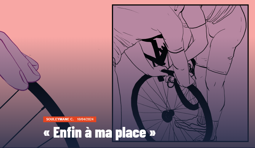 Capture d'écran du dernier épisode de la série : "Enfin à ma place". Il est illustré par un dessin représentant deux jeunes hommes en train de réparer un vélo.