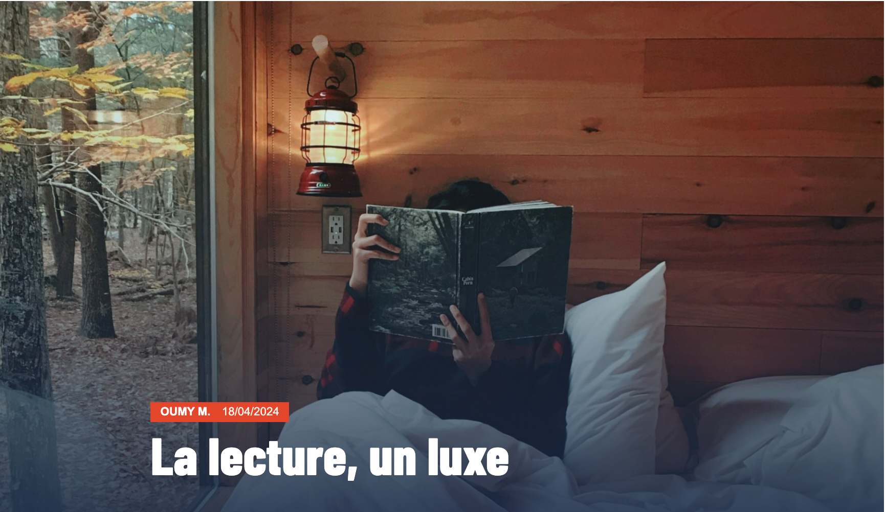 Capture d'écran de l'article "La lecture, un luxe". Une jeune fille est assise sur un lit, avec un livre ouvert qui lui cache le visage.